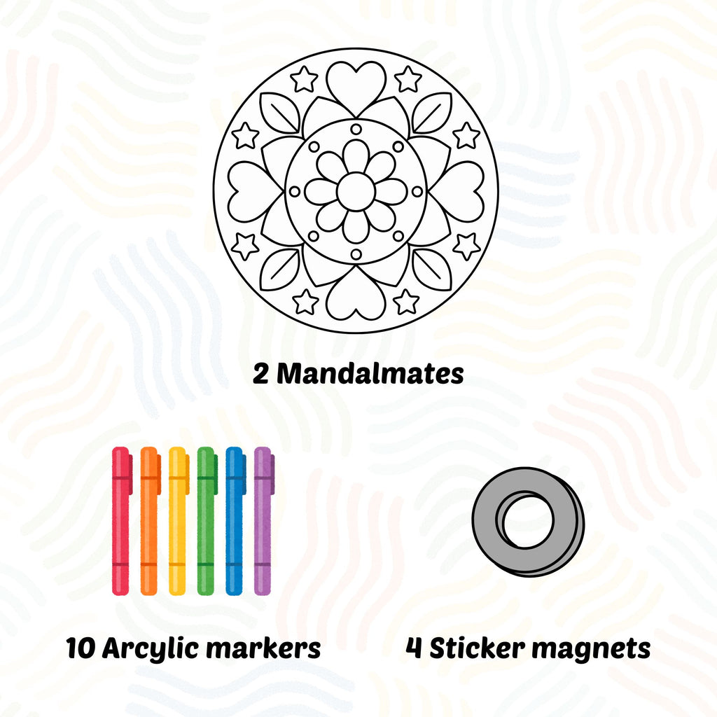 A coloring kit set displayed on a light patterned background, featuring a black and white mandala design, ten colorful acrylic markers, and four gray sticker magnets with text labels.