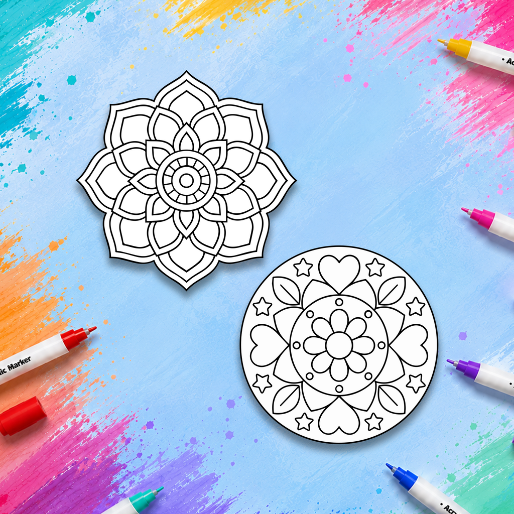 Two circular mandala art templates with black line art on a white background, arranged on a colorful paint-splattered blue surface with colored markers around the edges.